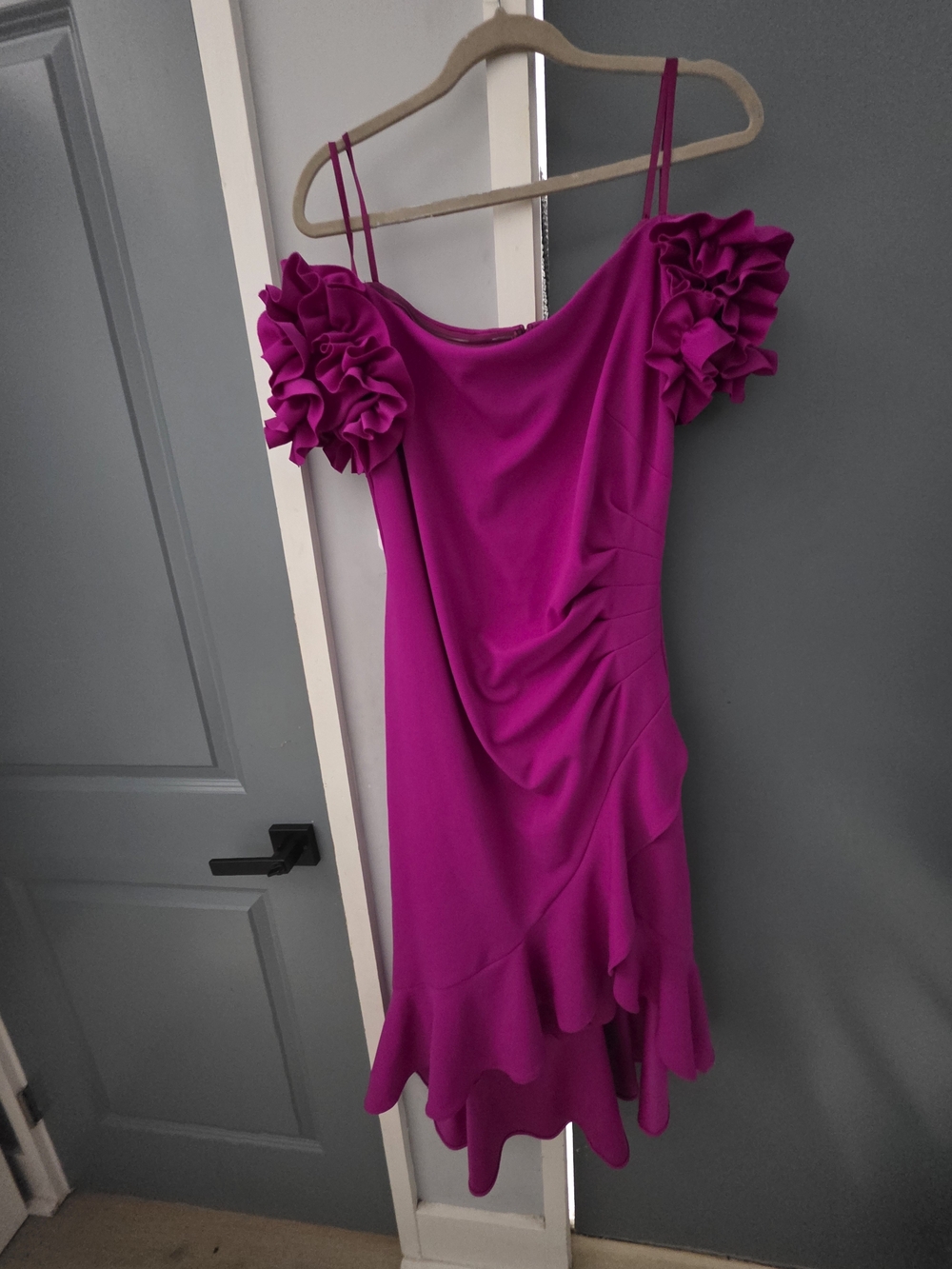 Xscape Fuchsia Off-Shoulder Ruffle Midi Dress - Picture 8 of 8